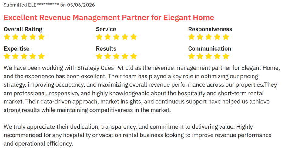 Five-star PriceLabs partner review titled Excellent Revenue Management Partner for Elegant Home