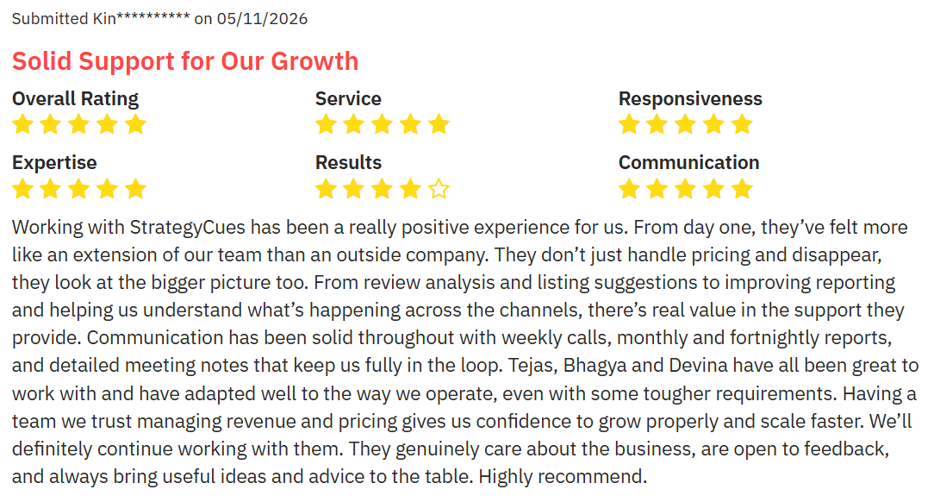 Five-star PriceLabs partner review titled Solid Support for Our Growth